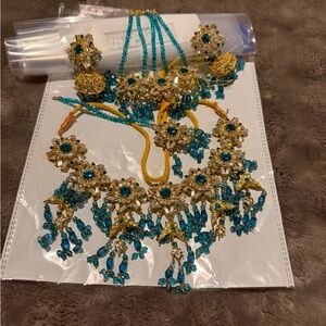Gold and Teal Floral Statement Necklace Set
